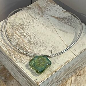 Glass Leaf Pendant Necklace with Silver Choker